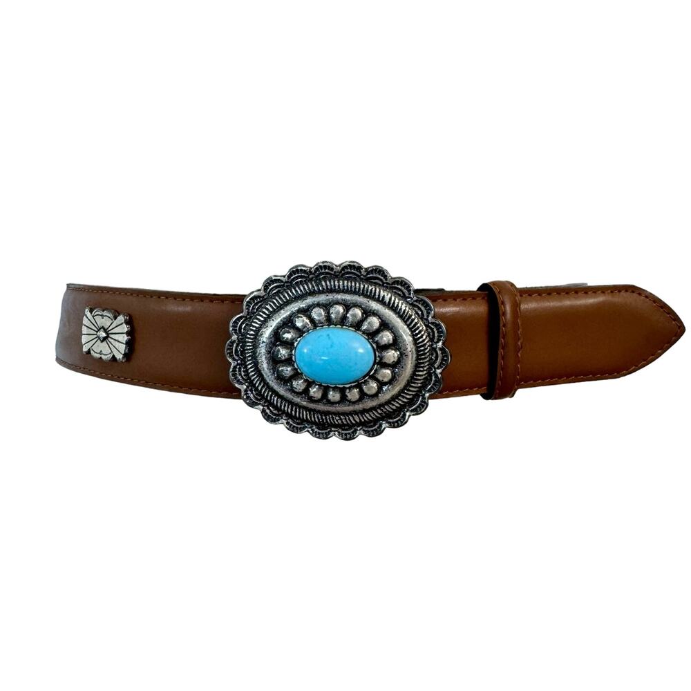 Richard Gampel Made in France Brown Leather Belt Blue Stone Western Size 30